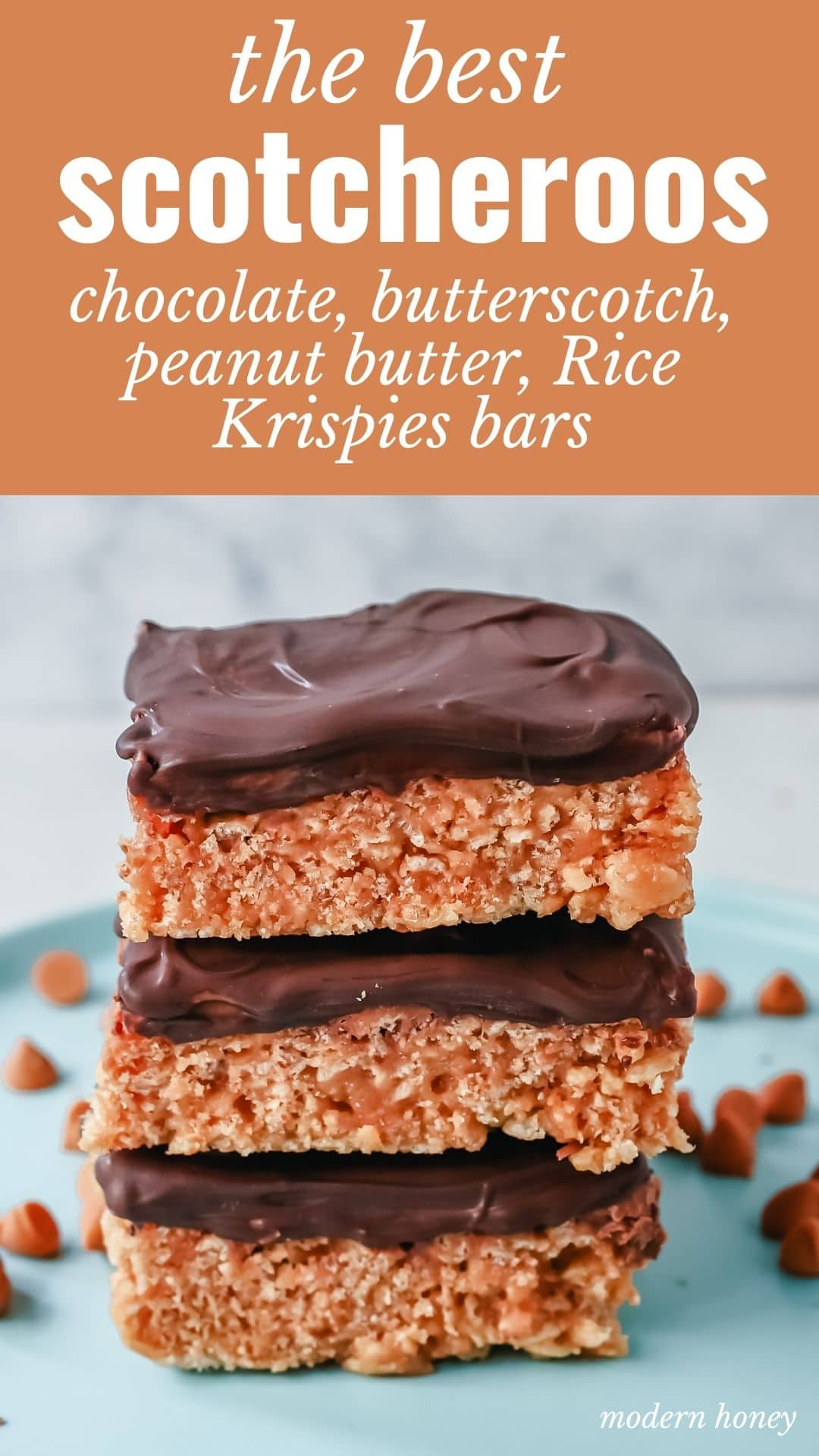 Scotcheroos. A dessert bar made with chocolate, peanut butter, butterscotch, and Rice Krispies. An easy no-bake dessert bar made in minutes!