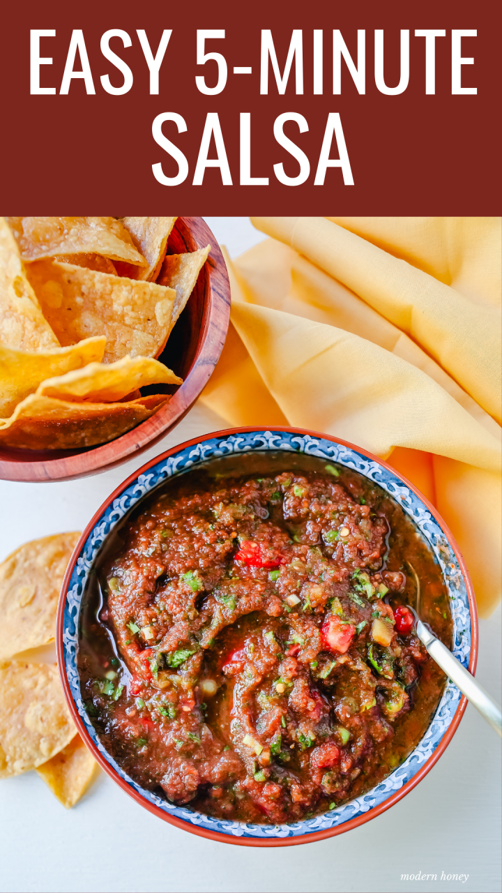 Easy Homemade Salsa made with tomatoes, cilantro, jalapeno, green chilies, green onions, and salt. This is the quickest homemade salsa and can be made in a blender in 5 minutes!