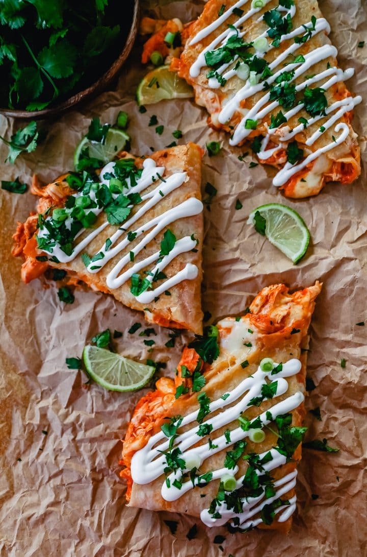 Buffalo Chicken Quesadilla is made with a hot wing buffalo ranch chicken and melted jack cheese in a buttery tortilla and cooked until golden brown. 