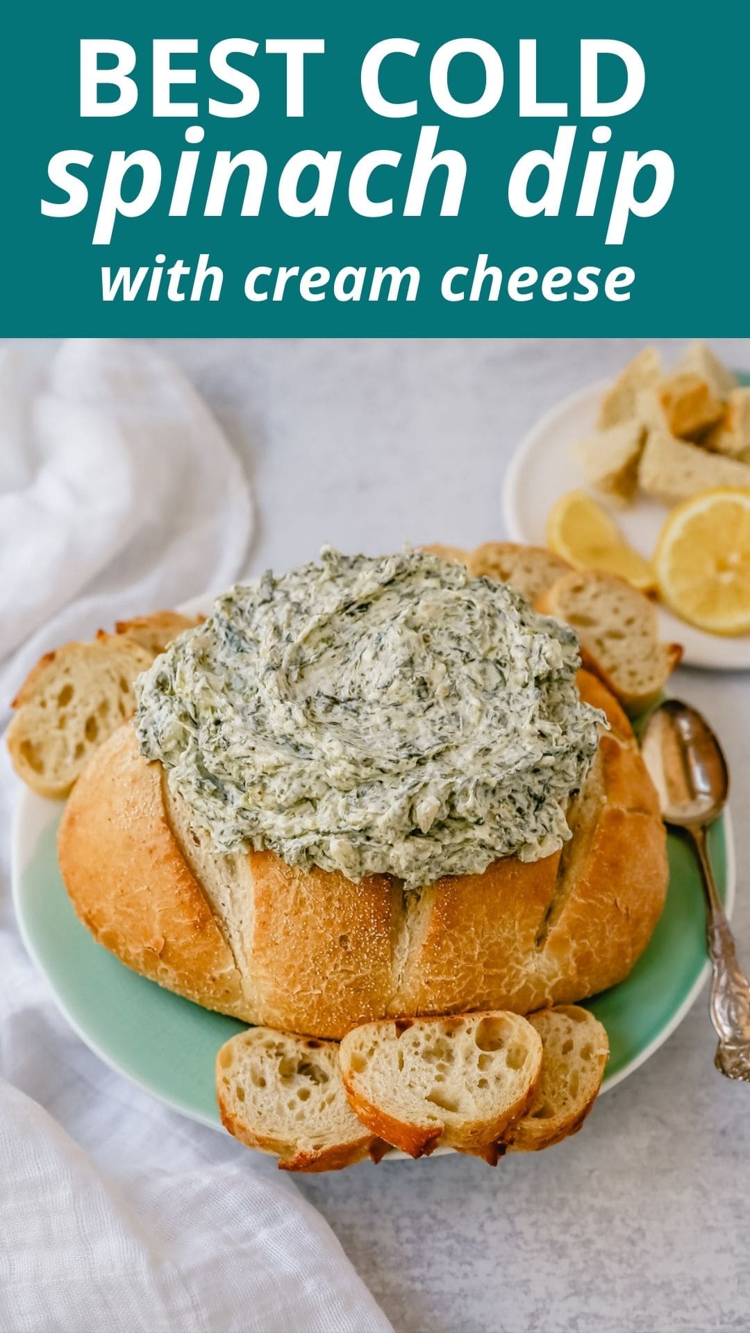 This easy spinach dip is made with spinach, cream cheese, sour cream, ranch powder, and water chestnuts. This cold spinach dip is made with only 5 ingredients and is always a hit at parties!