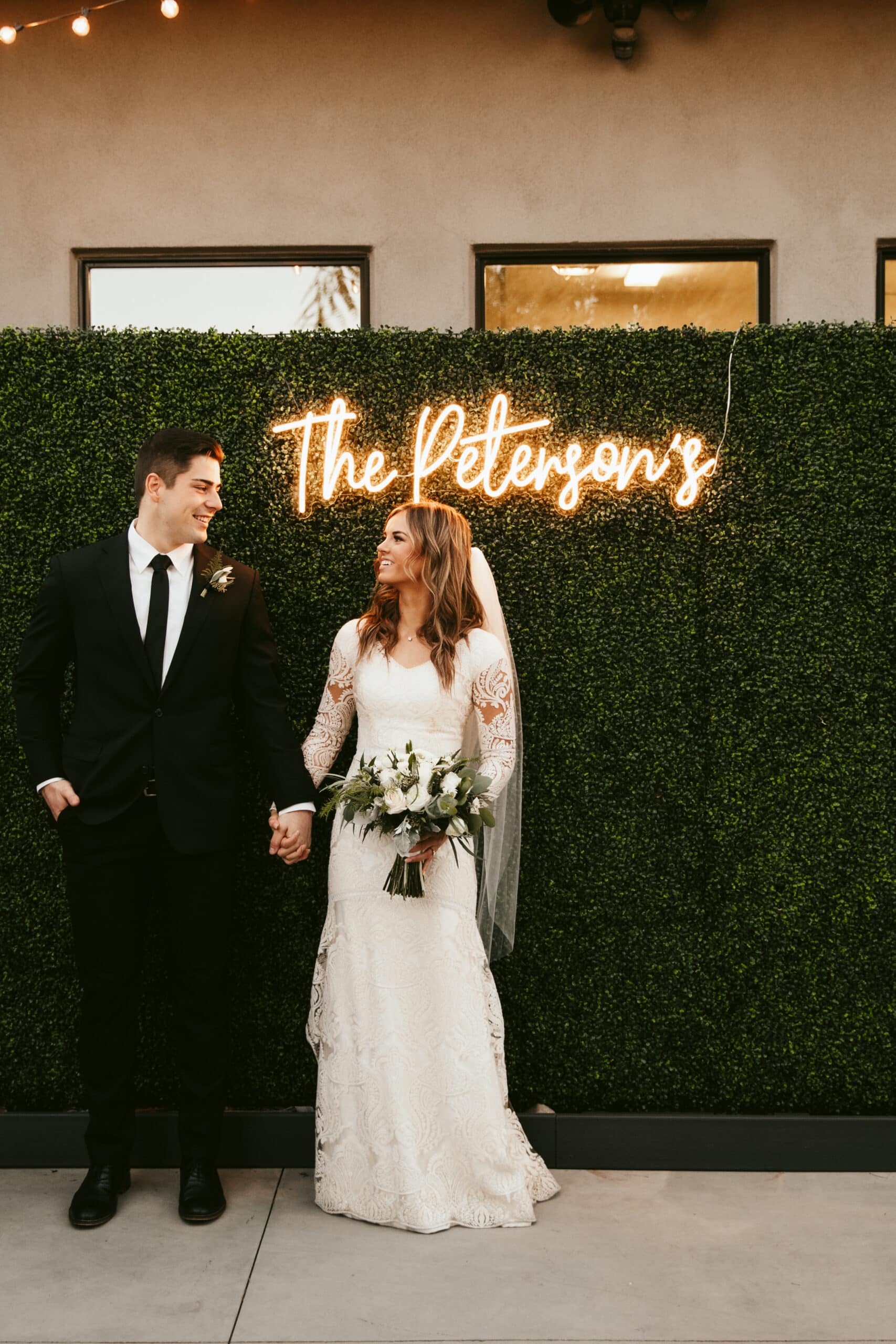 Greenery Wall with LED personalized sign for wedding. How to build greenery wall for wedding