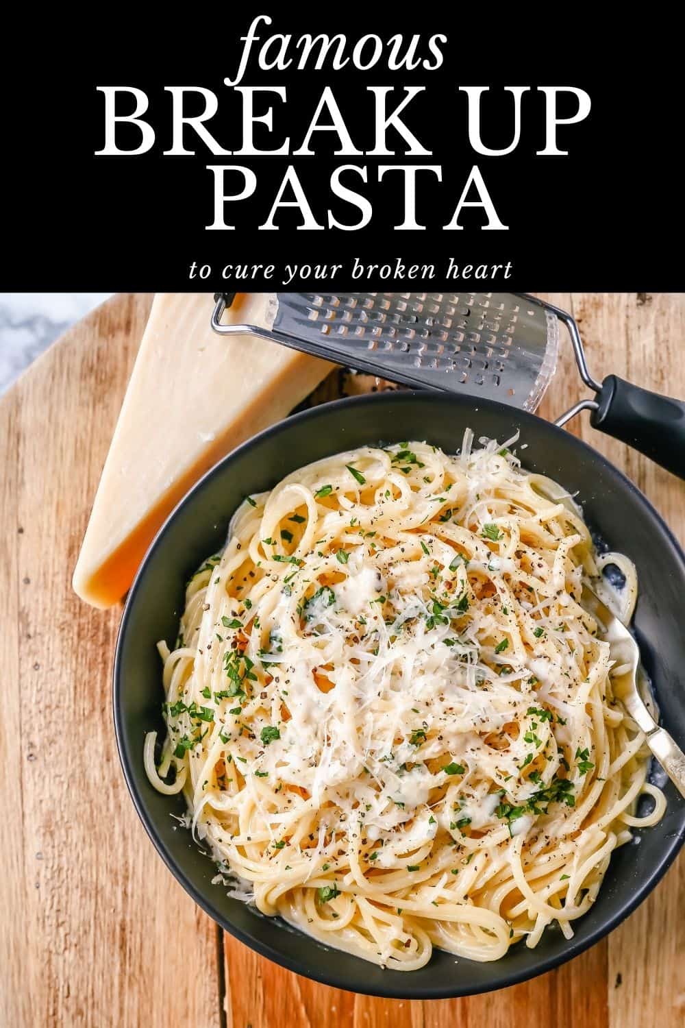 Break-Up Pasta is a creamy 3-Cheese Spaghetti Recipe made with butter, garlic, cream, broth, Italian cheeses, spices, and tossed in spaghetti. It is the best creamy spaghetti recipe known to help cure breakups!