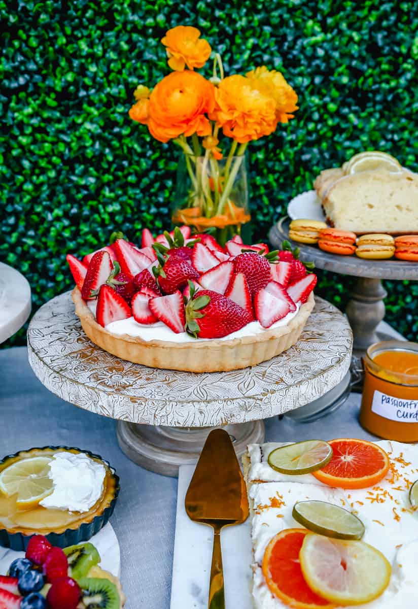 Strawberry Cream Tart. How to create the Ultimate Spring Brunch or Spring Party with an assortment of both sweet and savory breakfast items and beautiful desserts. 30+ Spring and Easter Party Food Ideas. How to decorate for a Spring Brunch and Party too.