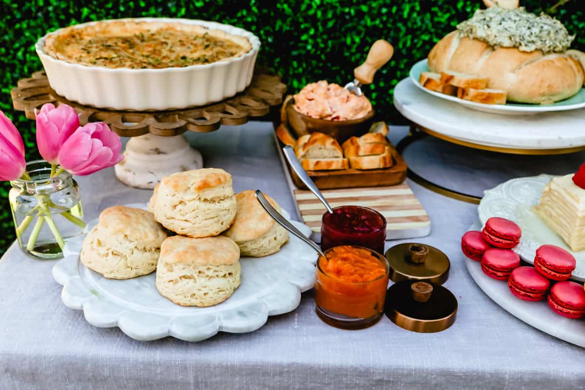 Biscuits and Jam. How to create the Ultimate Spring Brunch or Spring Party with an assortment of both sweet and savory breakfast items and beautiful desserts. 30+ Spring and Easter Party Food Ideas. How to decorate for a Spring Brunch and Party too.