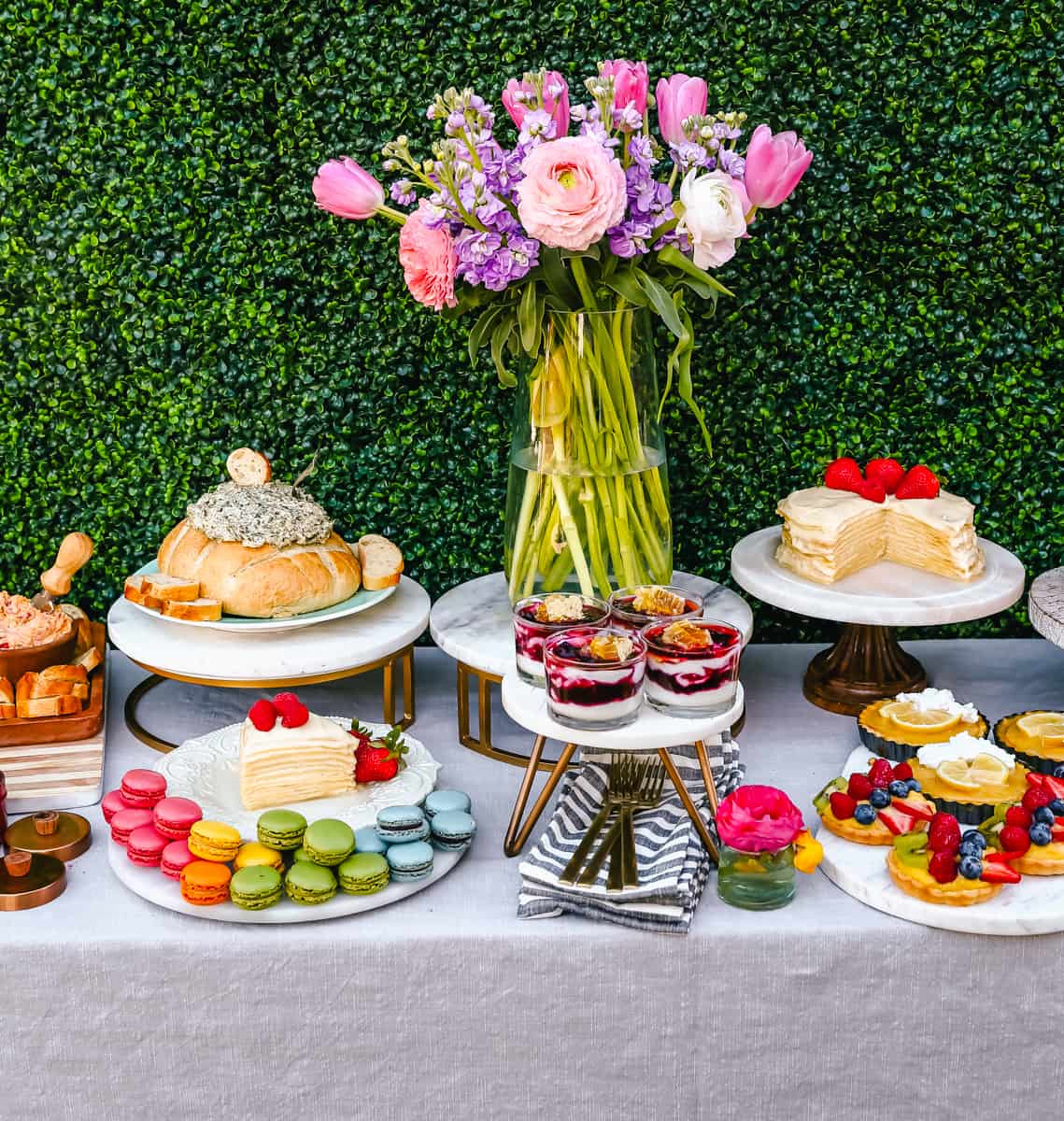 How to create the Ultimate Spring Brunch or Spring Party with an assortment of both sweet and savory breakfast items and beautiful desserts. 30+ Spring and Easter Party Food Ideas. How to decorate for a Spring Brunch and Party too.
