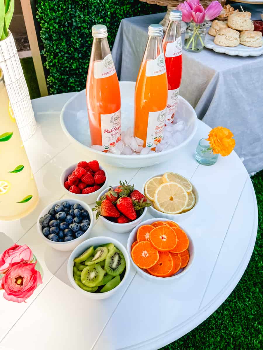 Italian Soda Drink Bar with Fresh Fruit. How to create the Ultimate Spring Brunch or Spring Party with an assortment of both sweet and savory breakfast items and beautiful desserts. 30+ Spring and Easter Party Food Ideas. How to decorate for a Spring Brunch and Party too.