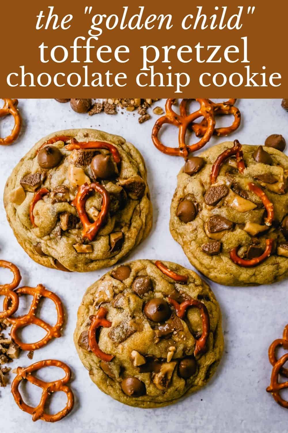 Toffee Chocolate Chip Pretzel Cookies are made with chocolate toffee chunks, salty pretzels, and milk chocolate chips. The perfect salty and sweet bakery cookie!