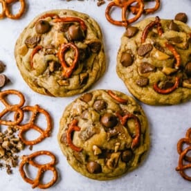 Toffee Chocolate Chip Pretzel Cookies are made with chocolate toffee chunks, salty pretzels, and milk chocolate chips. The perfect salty and sweet bakery cookie!