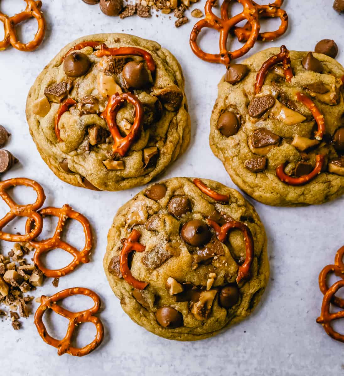 Toffee Chocolate Chip Pretzel Cookies are made with chocolate toffee chunks, salty pretzels, and milk chocolate chips. The perfect salty and sweet bakery cookie!
