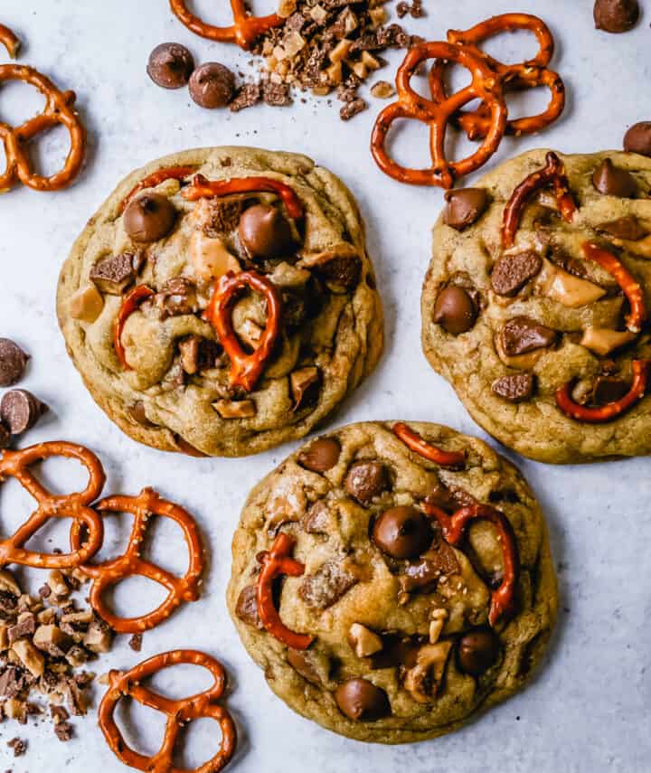 Toffee Chocolate Chip Pretzel Cookies are made with chocolate toffee chunks, salty pretzels, and milk chocolate chips. The perfect salty and sweet bakery cookie!