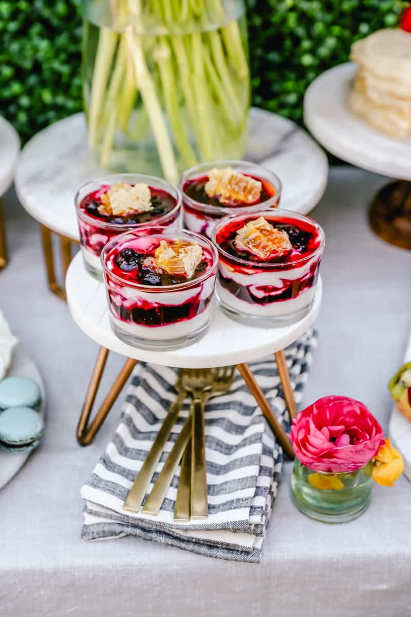 Breakfast yogurt parfaits with berry coulis and honeycomb. Spring Brunch. 