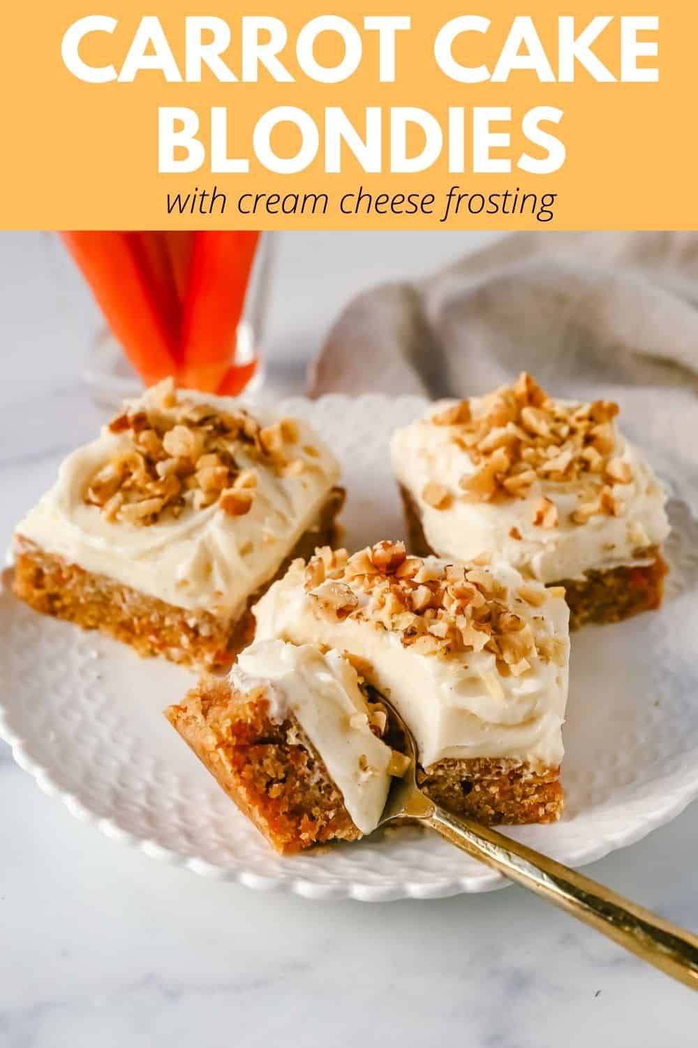 These soft, chewy carrot cake bars with cream cheese frosting are perfect for your Spring gathering. These carrot cake blondies taste even better than carrot cake!