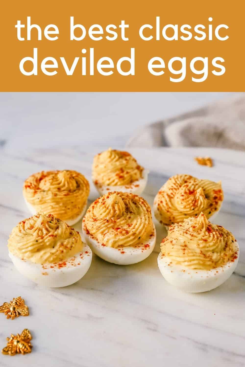 These easy deviled eggs are made with hard-boiled eggs, mayonnaise, mustard, pickle juice, a touch of sugar, a pinch of salt, and pepper, and sprinkled with paprika.