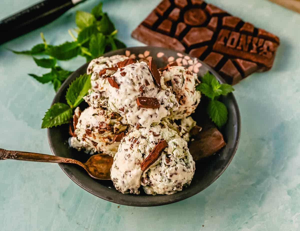 Creamy homemade mint chocolate chip ice cream with fresh cream, mint flavoring, and chocolate chunks. This homemade mint chip ice cream is the perfect summer treat! Here are two recipes -- a classic mint chocolate chip ice cream made in an ice cream maker and an easy, no-churn mint chocolate chip ice cream that requires no ice cream maker.