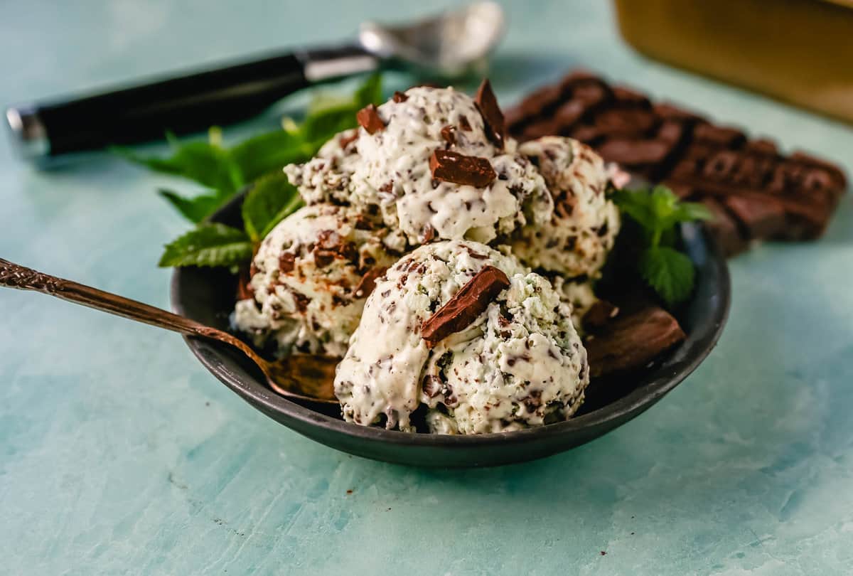 Creamy homemade mint chocolate chip ice cream with fresh cream, mint flavoring, and chocolate chunks. This homemade mint chip ice cream is the perfect summer treat! Here are two recipes -- a classic mint chocolate chip ice cream made in an ice cream maker and an easy, no-churn mint chocolate chip ice cream that requires no ice cream maker.