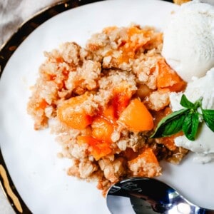 This Apricot Crisp is made with fresh apricots tossed in sugar and almond extract and topped with a homemade brown sugar oat crumble. This rustic summer dessert is served with a big scoop of vanilla bean ice cream. 