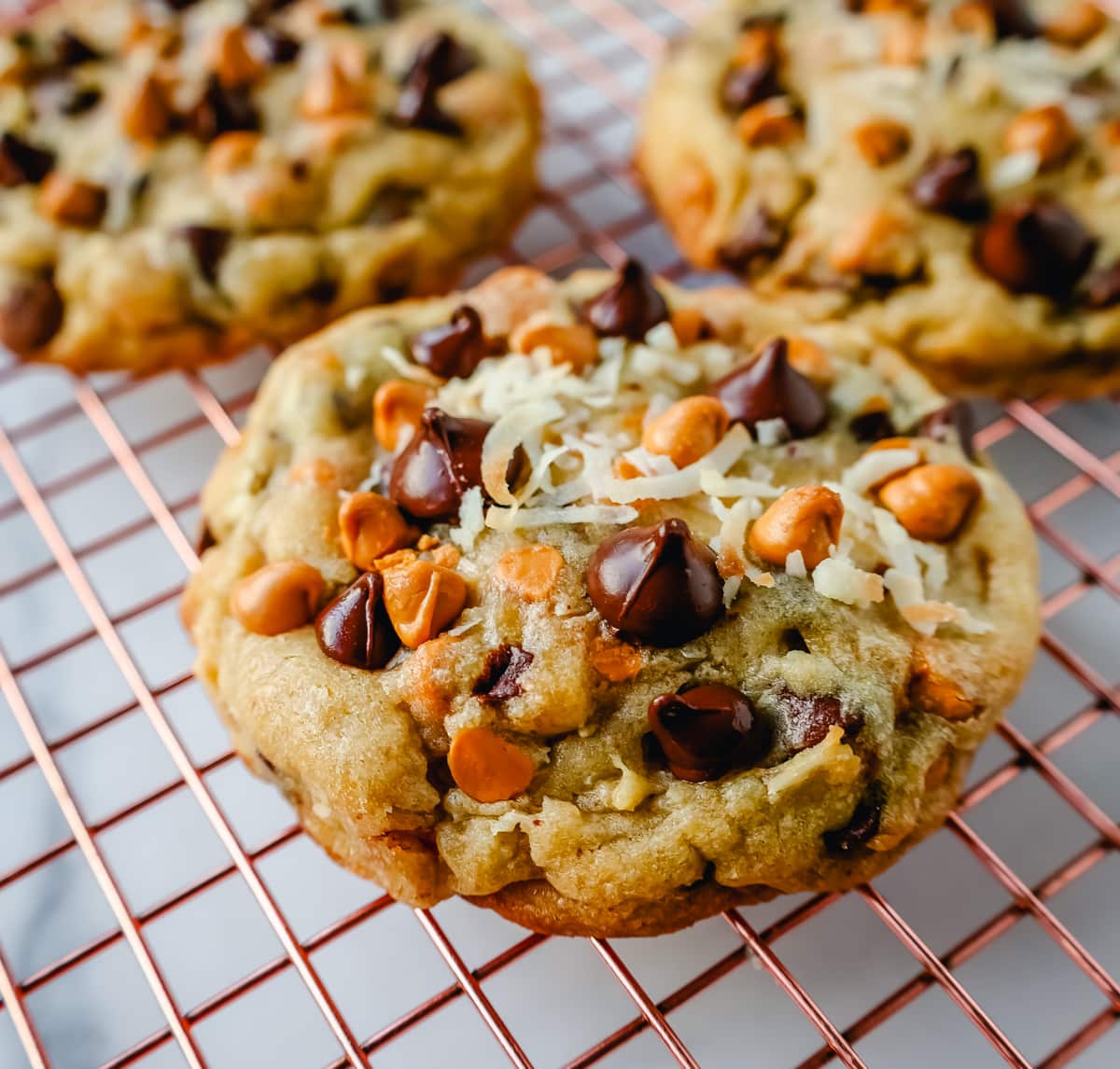 The popular 7-layer bar made into a cookie! A chewy cookie with crisp edges with butterscotch chips, semi-sweet chocolate chips, shredded coconut, and pecans. A salty and sweet cookie.