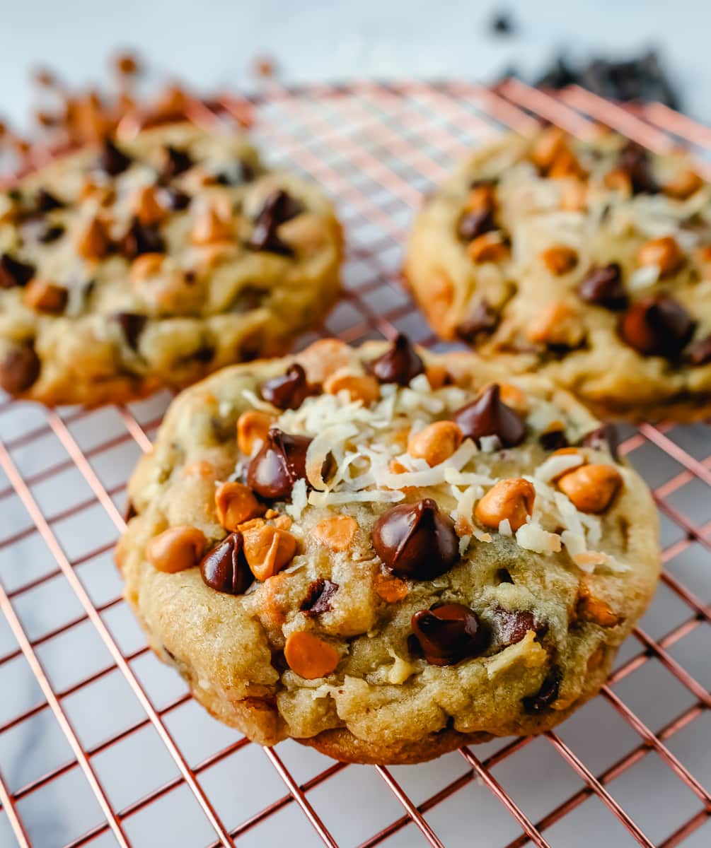 The popular 7-layer bar made into a cookie! A chewy cookie with crisp edges with butterscotch chips, semi-sweet chocolate chips, shredded coconut, and pecans. A salty and sweet cookie.