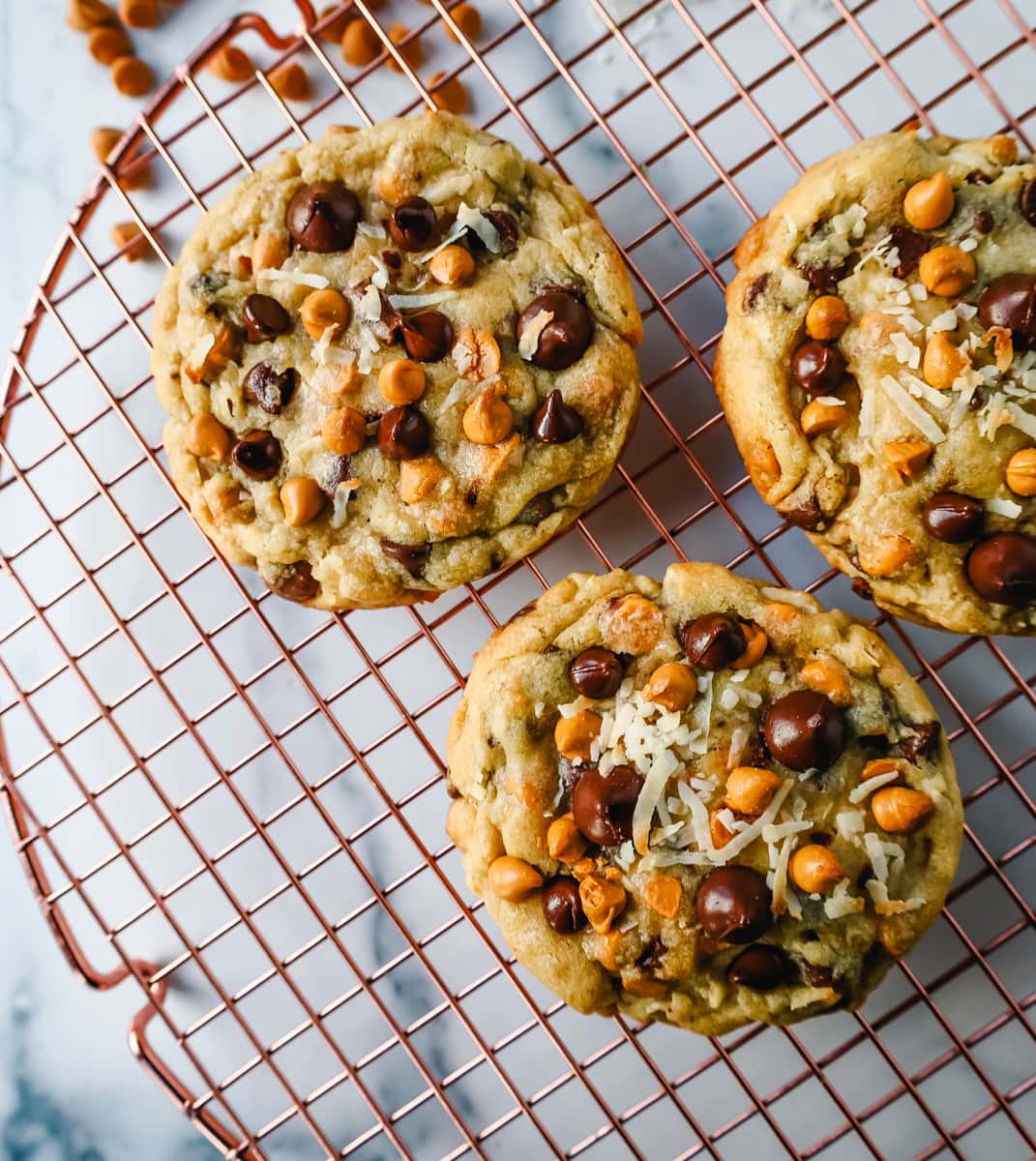 The popular 7-layer bar made into a cookie! A chewy cookie with crisp edges with butterscotch chips, semi-sweet chocolate chips, shredded coconut, and pecans. A salty and sweet cookie.