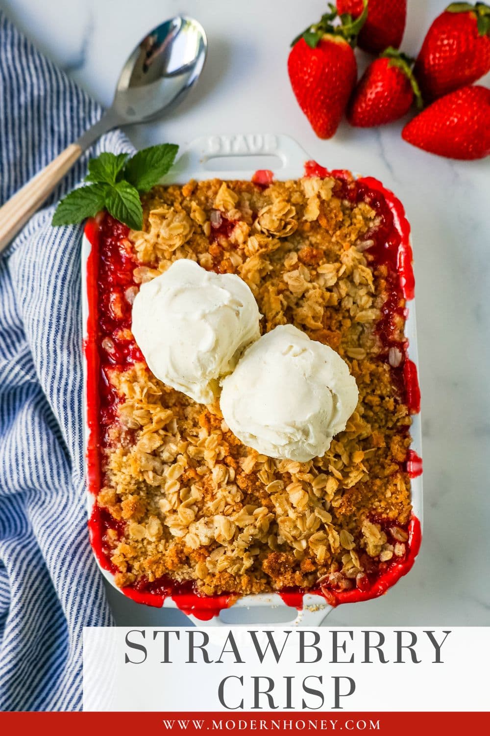 This Strawberry Crisp is made with fresh sweetened strawberries topped with a homemade buttery oat crumble topping. A Homemade Strawberry Crumble is an easy summer dessert. 