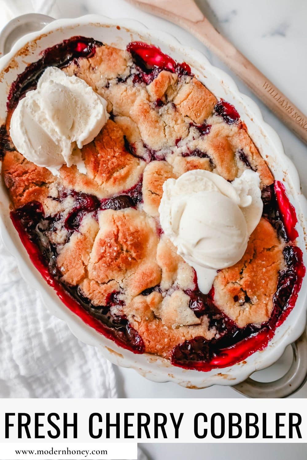 This is the Best Cherry Cobbler Recipe! This Old Fashioned Cherry Cobbler is made with fresh cherries lightly sweetened and topped with a homemade sweet and buttery cobbler crust. You are going to love this easy cherry cobbler recipe!