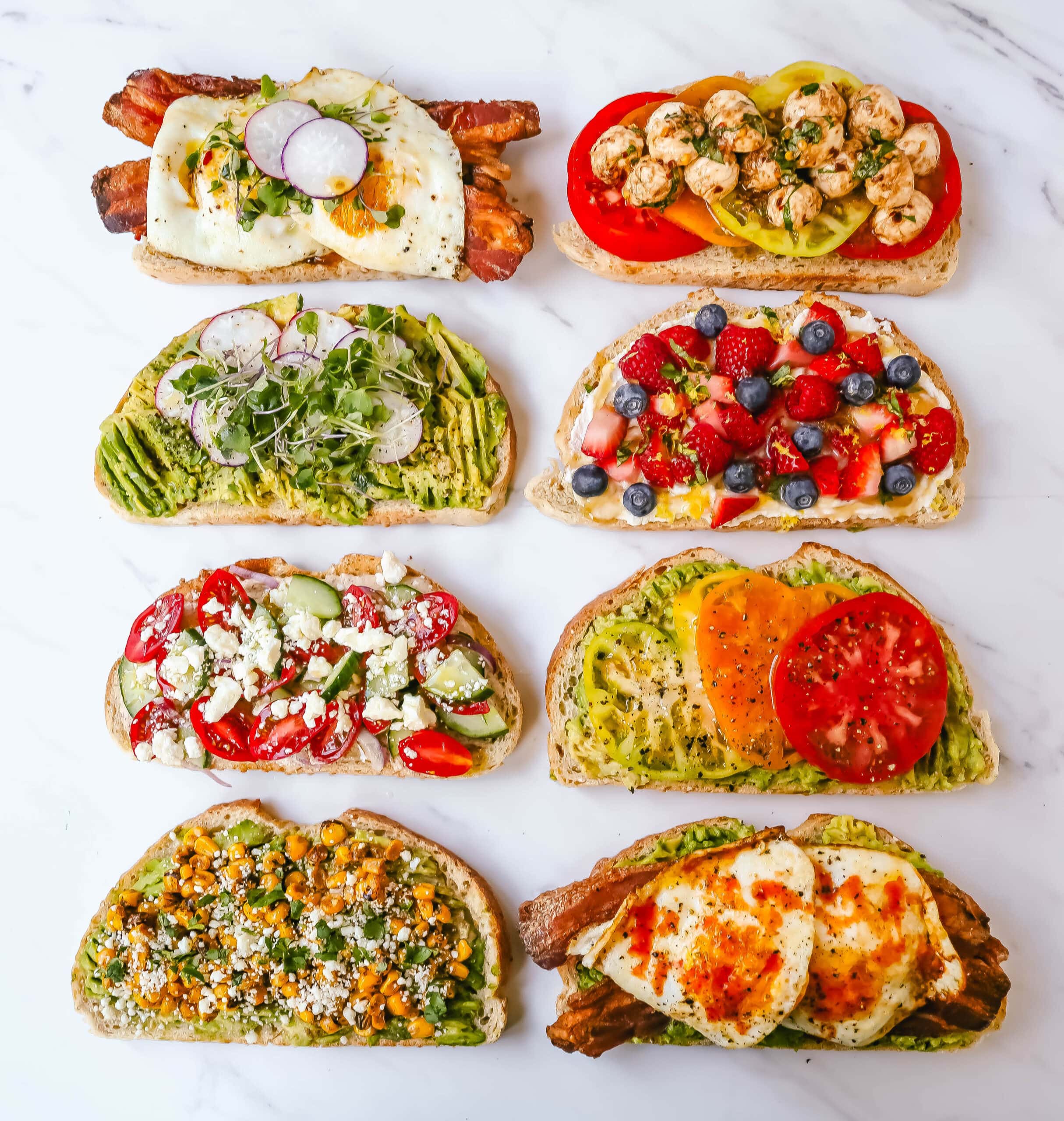 Avocado Toast, Avocado Toast with Egg, Ricotta Toast, Avocado Toast with Bacon, Avocado Toast with Tomato.Gourmet Toast Ideas are perfect for quick lunches or for serving at a party. Avocado Toast topping ideas and suggestions for what to put on top of avocado toast. 