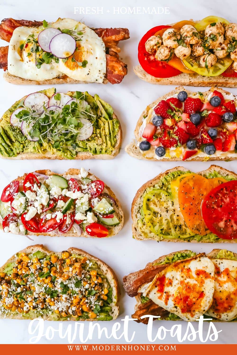 Gourmet Toast Ideas are perfect for quick lunches or for serving at a party. Avocado Toast topping ideas and suggestions for what to put on top of avocado toast. 