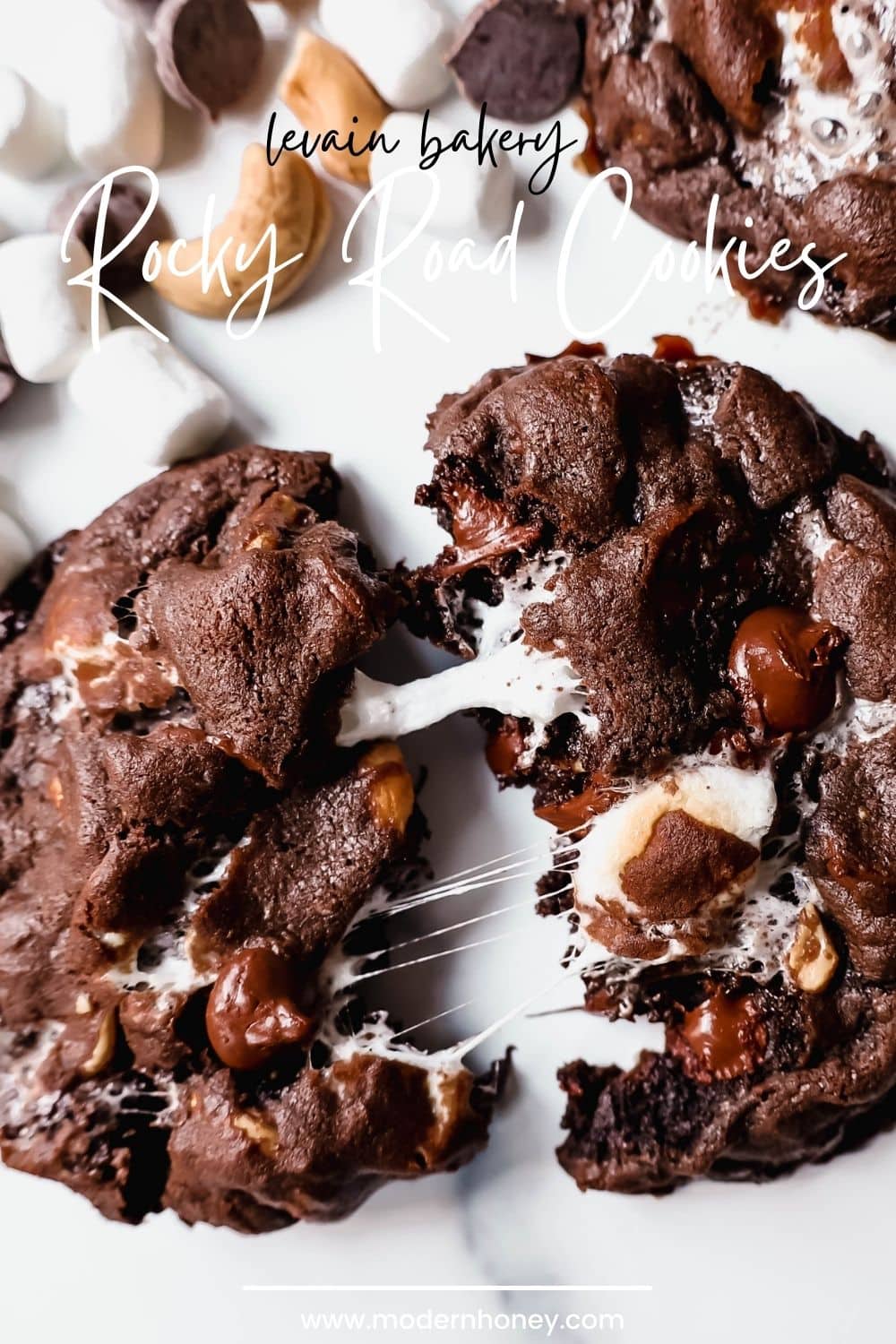 These Levain Bakery Rocky Road Cookies are rich, thick, soft, chewy chocolate cookies with semi-sweet chocolate chips, mini marshmallows, and cashews.  The best Levain Bakery Copycat Rocky Road Cookie Recipe!
