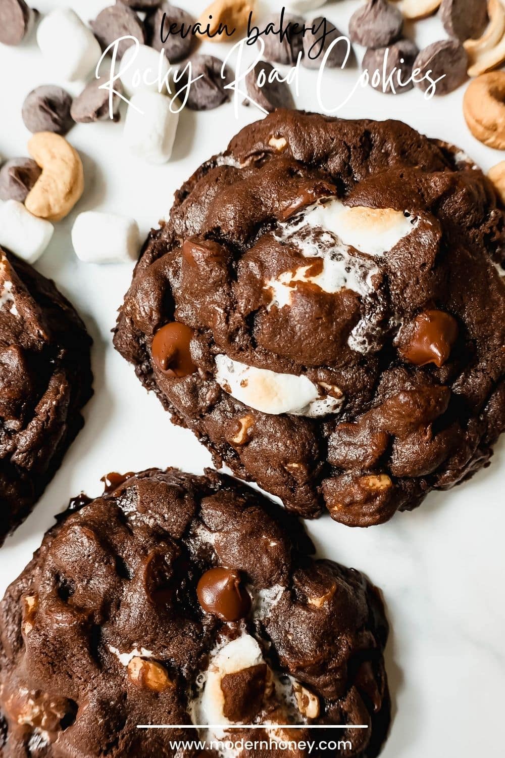 These Levain Bakery Rocky Road Cookies are rich, thick, soft, chewy chocolate cookies with semi-sweet chocolate chips, mini marshmallows, and cashews. The best Levain Bakery Copycat Rocky Road Cookie Recipe!