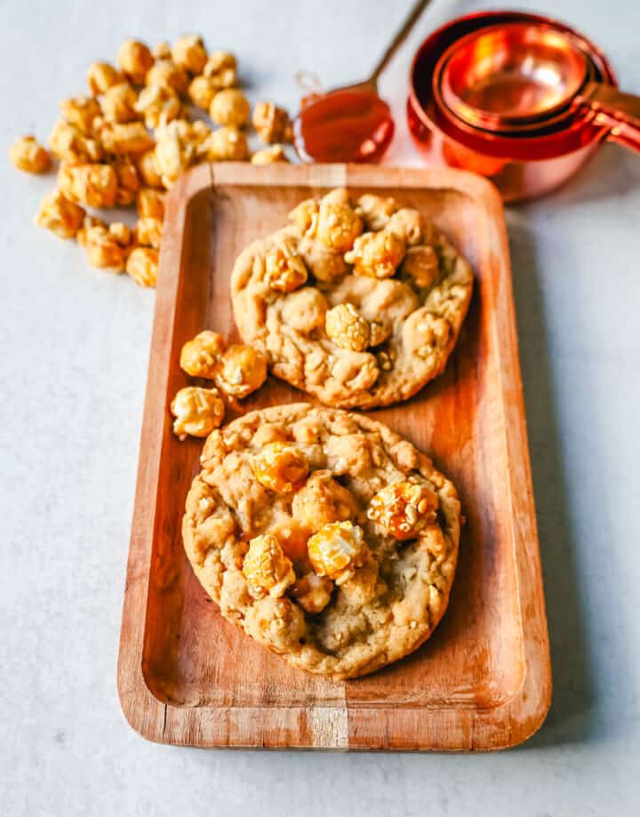 Caramel Popcorn Cookies are made with brown sugar cookie dough with chewy, crunchy, caramel popcorn pieces all throughout the cookie. If you love caramel, you are going to love these Caramel Corn Cookies!
