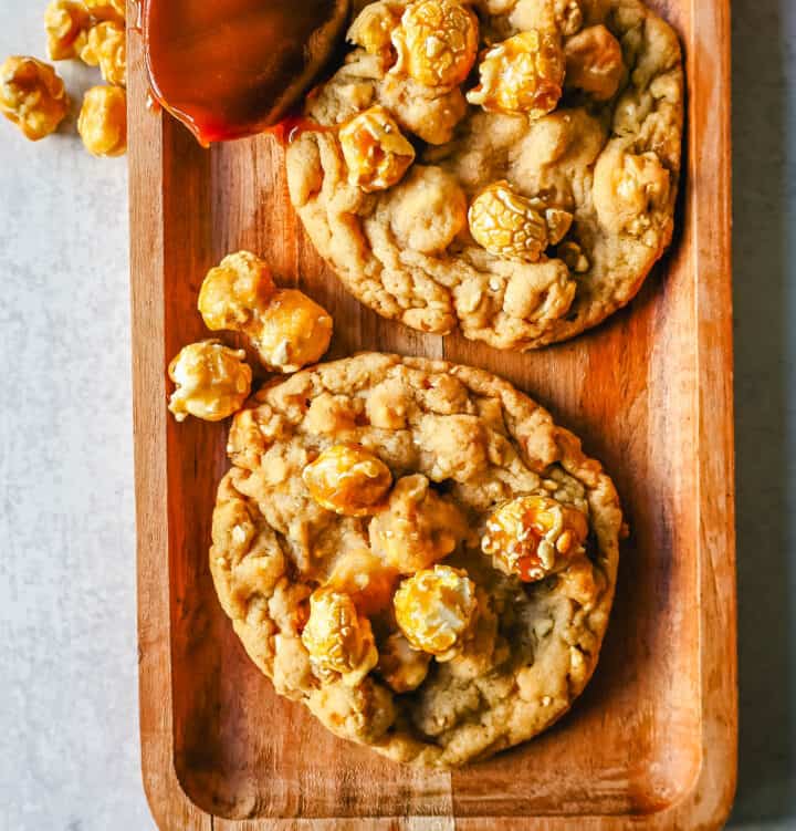 Caramel Popcorn Cookies are made with brown sugar cookie dough with chewy, crunchy, caramel popcorn pieces all throughout the cookie. If you love caramel, you are going to love these Caramel Corn Cookies!