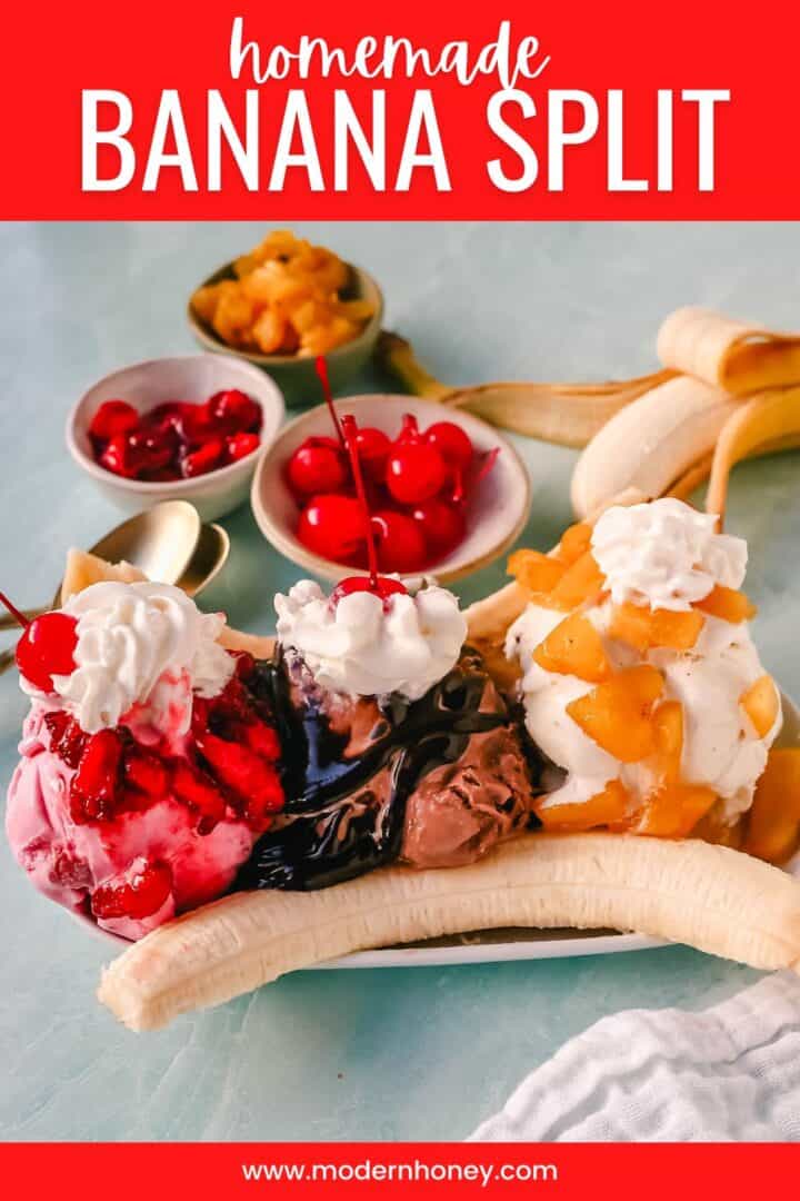 A classic Banana Split recipe made with fresh bananas, chocolate ice cream with hot fudge sauce, strawberry ice cream with strawberry sauce, vanilla ice cream with pineapple sauce, whipped cream, and cherry. 