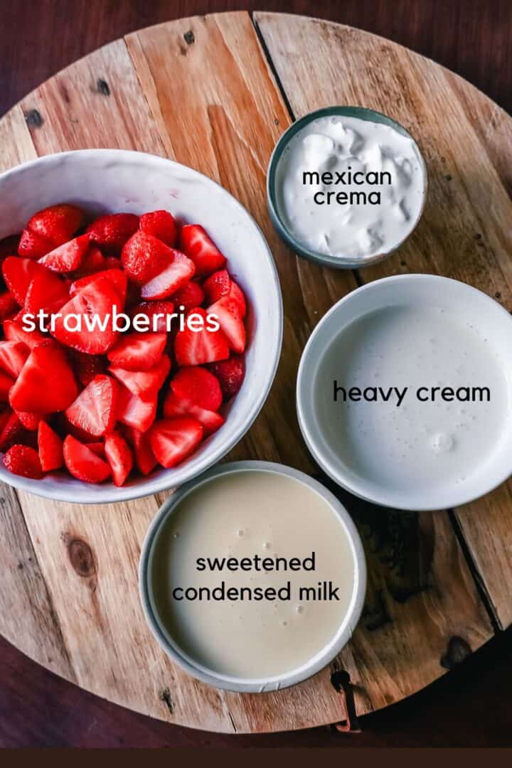 This Fresas con Crema is an authentic Mexican dessert made with fresh sliced Strawberries, Mexican Crema, Heavy Cream, and Sweetened Condensed Milk. This is the best Strawberries and Cream recipe!