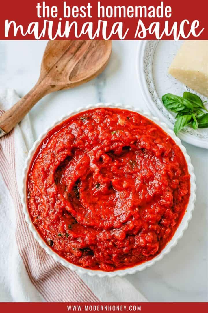 This Marinara Sauce is the best tomato sauce recipe! This San Marzano Tomato Sauce is made with extra-virgin olive oil, garlic, San Marzano canned tomatoes, tomato paste, fresh herbs, and spices. This homemade marinara sauce simmers for hours to create the most robust and flavorful easy marinara sauce.