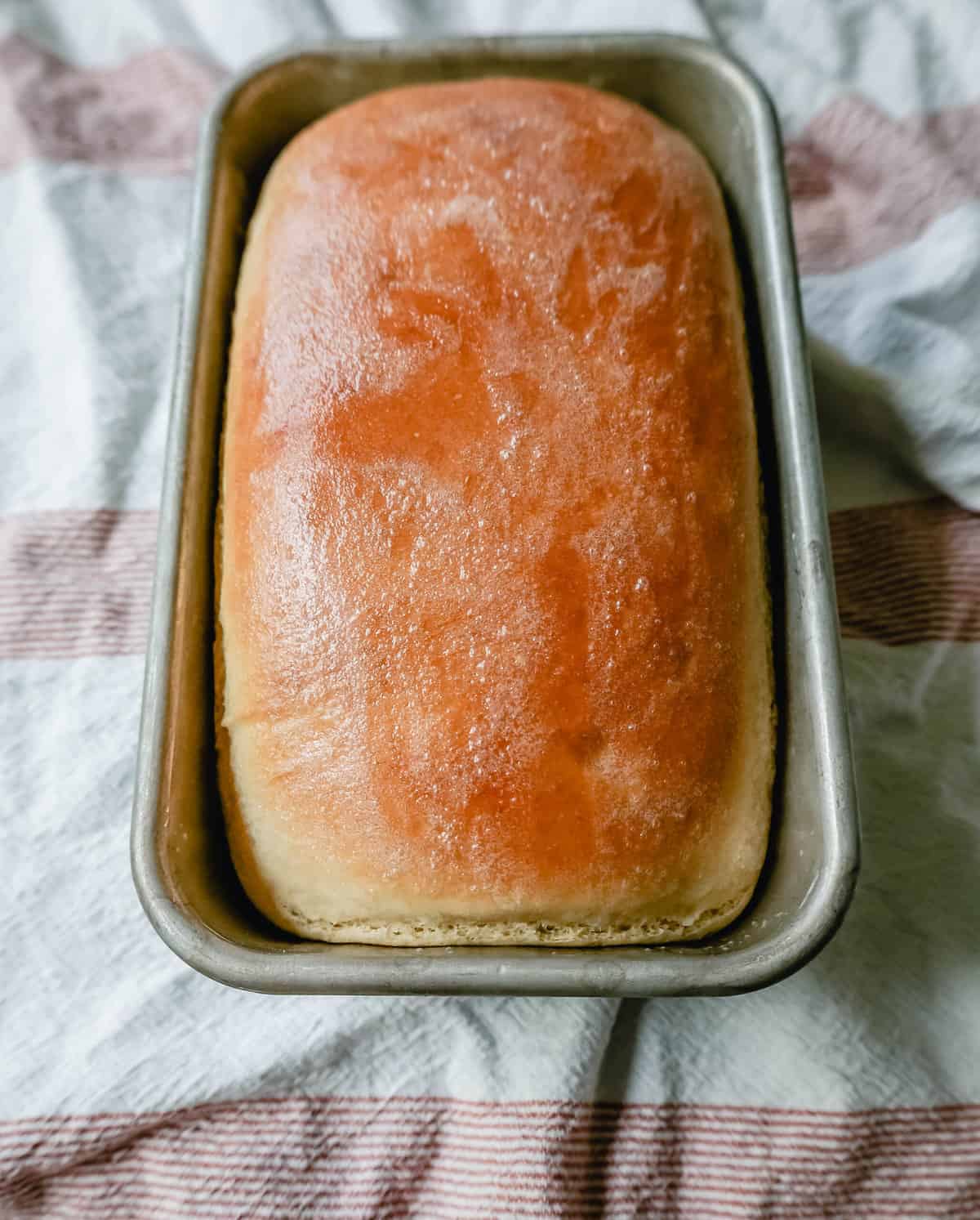 White Sandwich Bread Loaf after removed from the oven and brushed with butter.