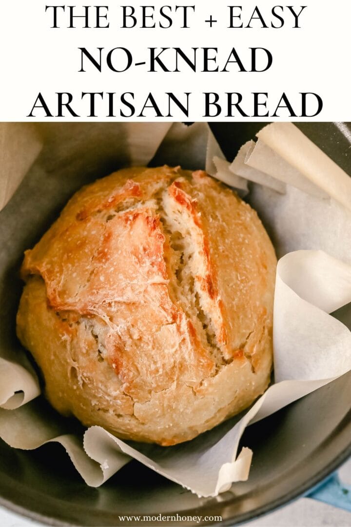 This No Knead Bread is baked in a dutch oven and is the perfect crusty french bread recipe. This makes a beautiful artisan loaf of bread and is so easy! The only ingredients you need are flour, water, salt, and yeast for the perfect overnight bread.