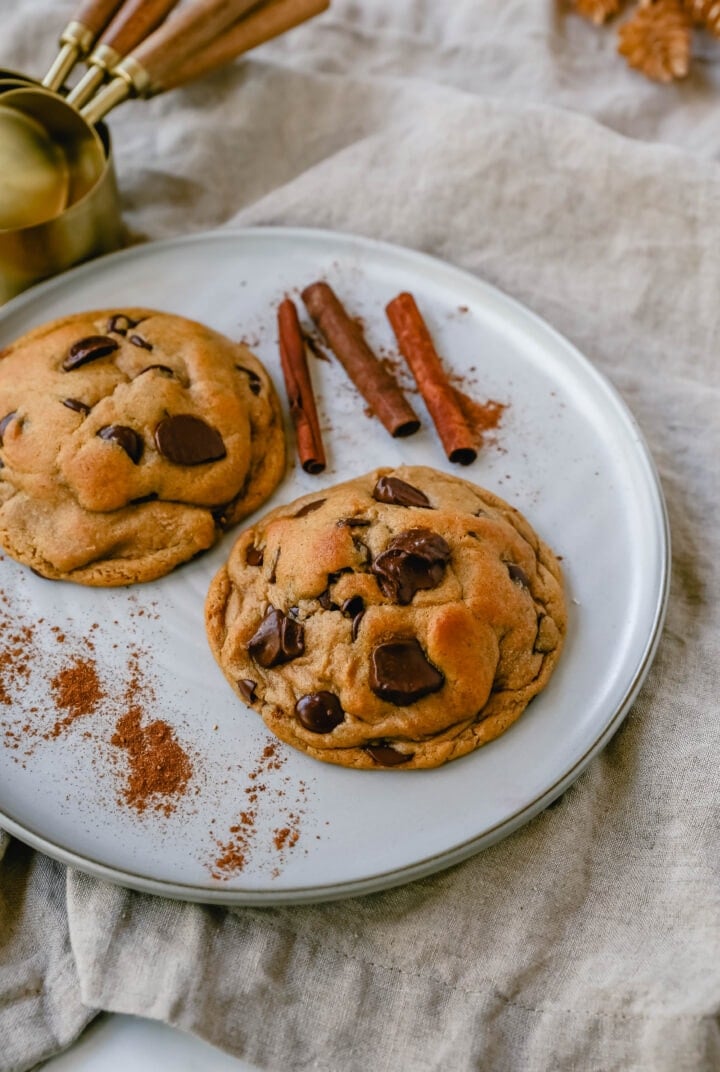 Soft, chewy Fall cookie with dark brown sugar, molasses, cinnamon, ginger, cloves, nutmeg, and chocolate chips for the perfect Autumn cookie. This is the perfect Fall spiced chocolate chip cookie recipe!