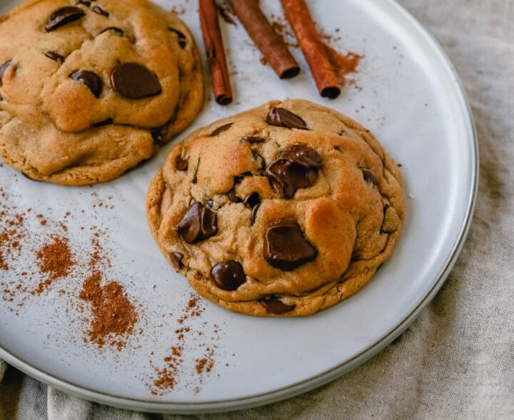 Soft, chewy Fall cookie with dark brown sugar, molasses, cinnamon, ginger, cloves, nutmeg, and chocolate chips for the perfect Autumn cookie. This is the perfect Fall spiced chocolate chip cookie recipe!