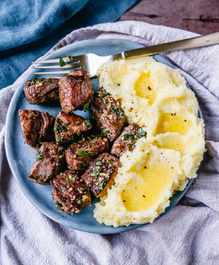 Quick, easy, tender, and flavorful Steak Bites with Garlic Butter. These Garlic Butter Steak Bites are made in less than 10 minutes and are a perfect protein source for any meal.