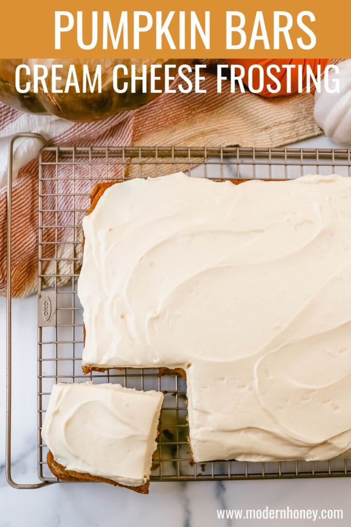 Pumpkin Bars with Cream Cheese Frosting are moist, pumpkin spiced bars topped with homemade sweet cream cheese frosting. The best pumpkin bar recipe!