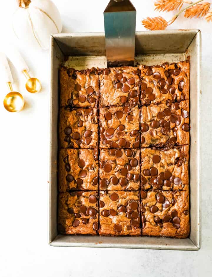 Pumpkin Chocolate Chip Bars are moist, chewy pumpkin spiced bars with chocolate chips. These pumpkin chocolate chip blondies are soft and chewy and perfect for Fall.