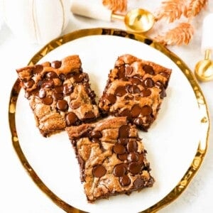 Pumpkin Chocolate Chip Bars are moist, chewy pumpkin spiced bars with chocolate chips. These pumpkin chocolate chip blondies are soft and chewy and perfect for Fall.