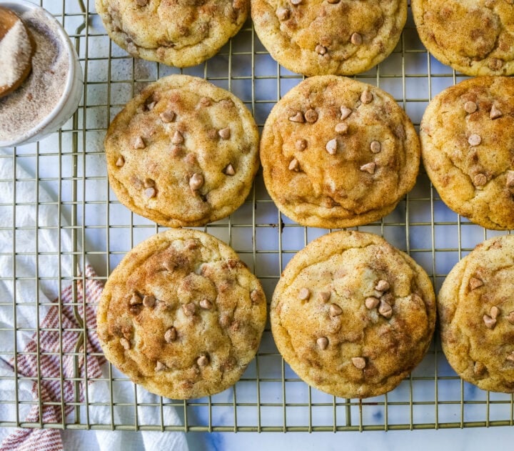 Cinnamon Chip Sugar Cookies are snickerdoodle cookies rolled in cinnamon sugar and studded with cinnamon chips for the perfect cinnamon sugar cookie! The best soft and chewy cinnamon chip cookie recipe.