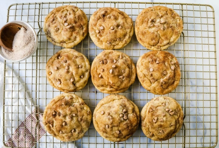 Cinnamon Chip Sugar Cookies are snickerdoodle cookies rolled in cinnamon sugar and studded with cinnamon chips for the perfect cinnamon sugar cookie! The best soft and chewy cinnamon chip cookie recipe.