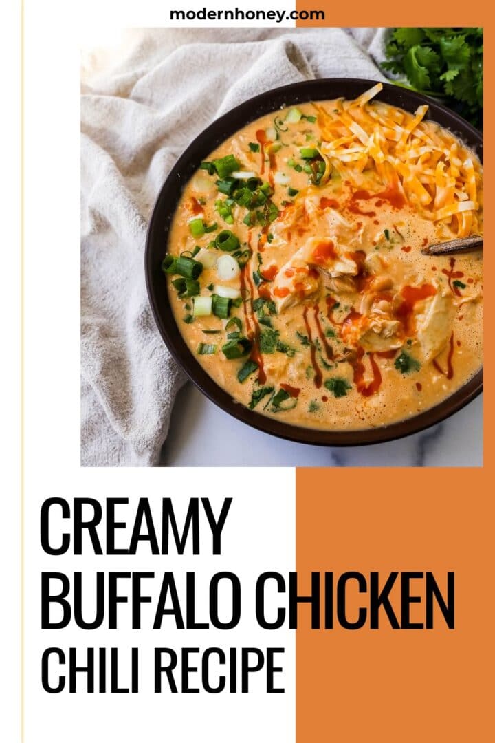 This Creamy Buffalo Chicken Chili is the perfect twist on a white chicken chili recipe. It is perfectly spiced, creamy, and has the right amount of tang. This will be your new favorite Buffalo white chicken chili recipe!