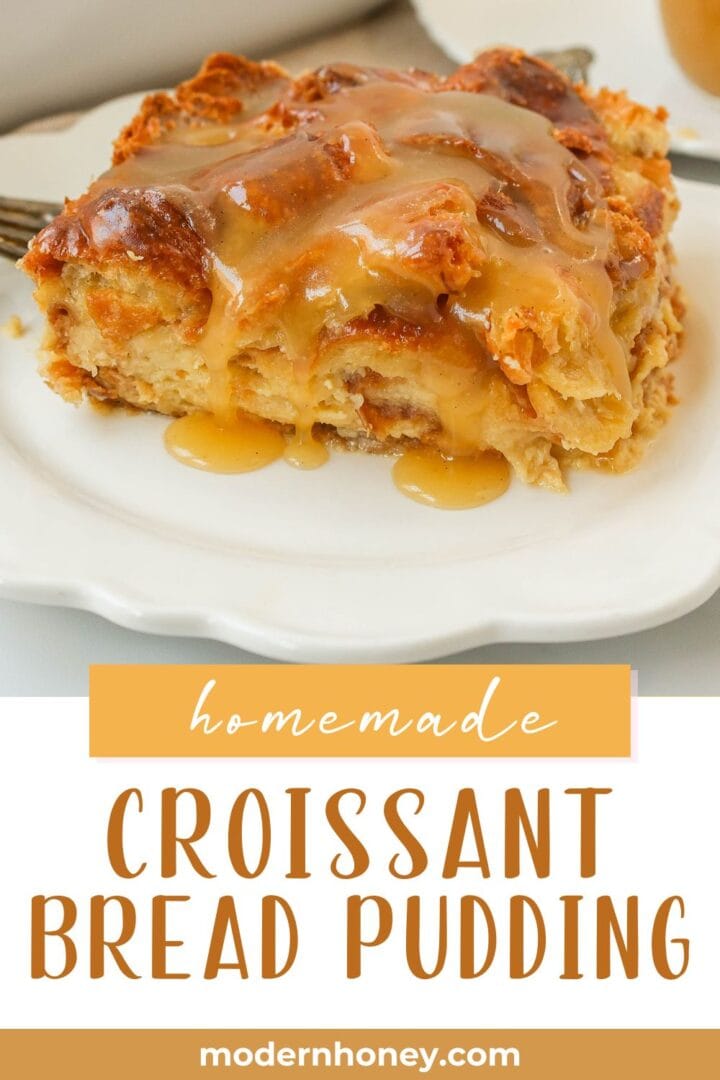  Croissant Bread Pudding with Vanilla Sauce is made with croissants baked in a custard sauce and topped with a homemade vanilla bean sauce. The most decadent dessert or breakfast recipe!