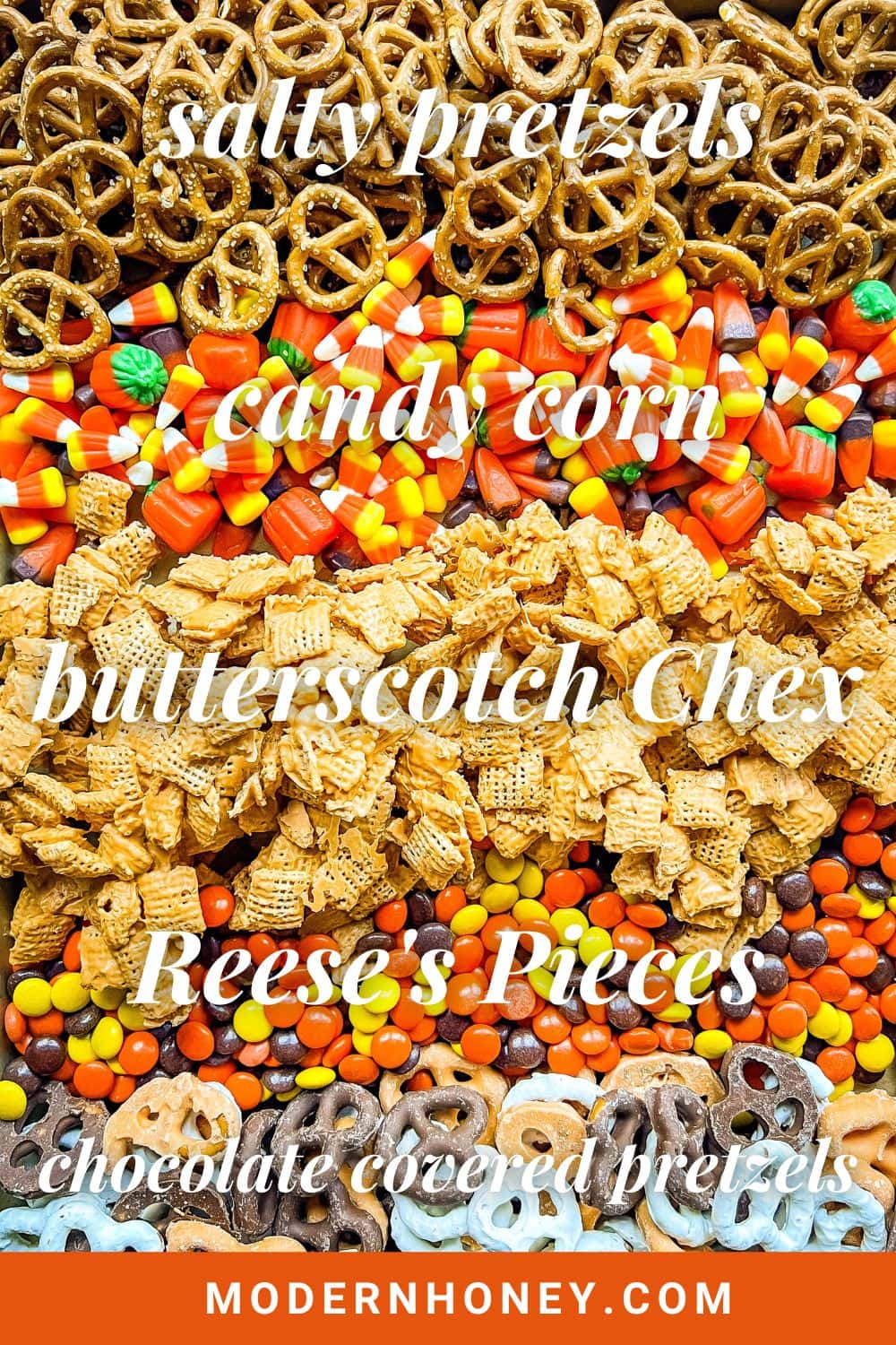 This Halloween Sweet and Salty Snack Mix is made with salty pretzels, butterscotch-tossed Chex cereal, candy corn, Reese's Pieces, and chocolate-covered pretzels. You can even add in some salty peanuts or caramel corn for a more salty and sweet combination. This is the perfect Fall sweet snack mix.