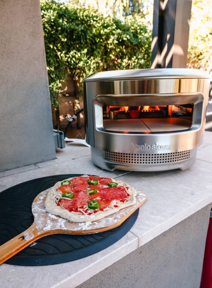 Homemade Pepperoni Pizza cooked in outdoor pizza oven Solo Stove Pi Pizza Oven