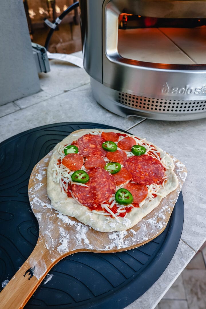 Homemade Pepperoni Pizza cooked in outdoor pizza oven Solo Stove Pi Pizza Oven