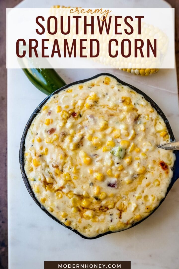 This Southwest Creamed Corn is made with white corn, sauteed with jalapenos and onions, and cooked with heavy cream and pepper jack cheese. The perfect creamed corn recipe with so much flavor!